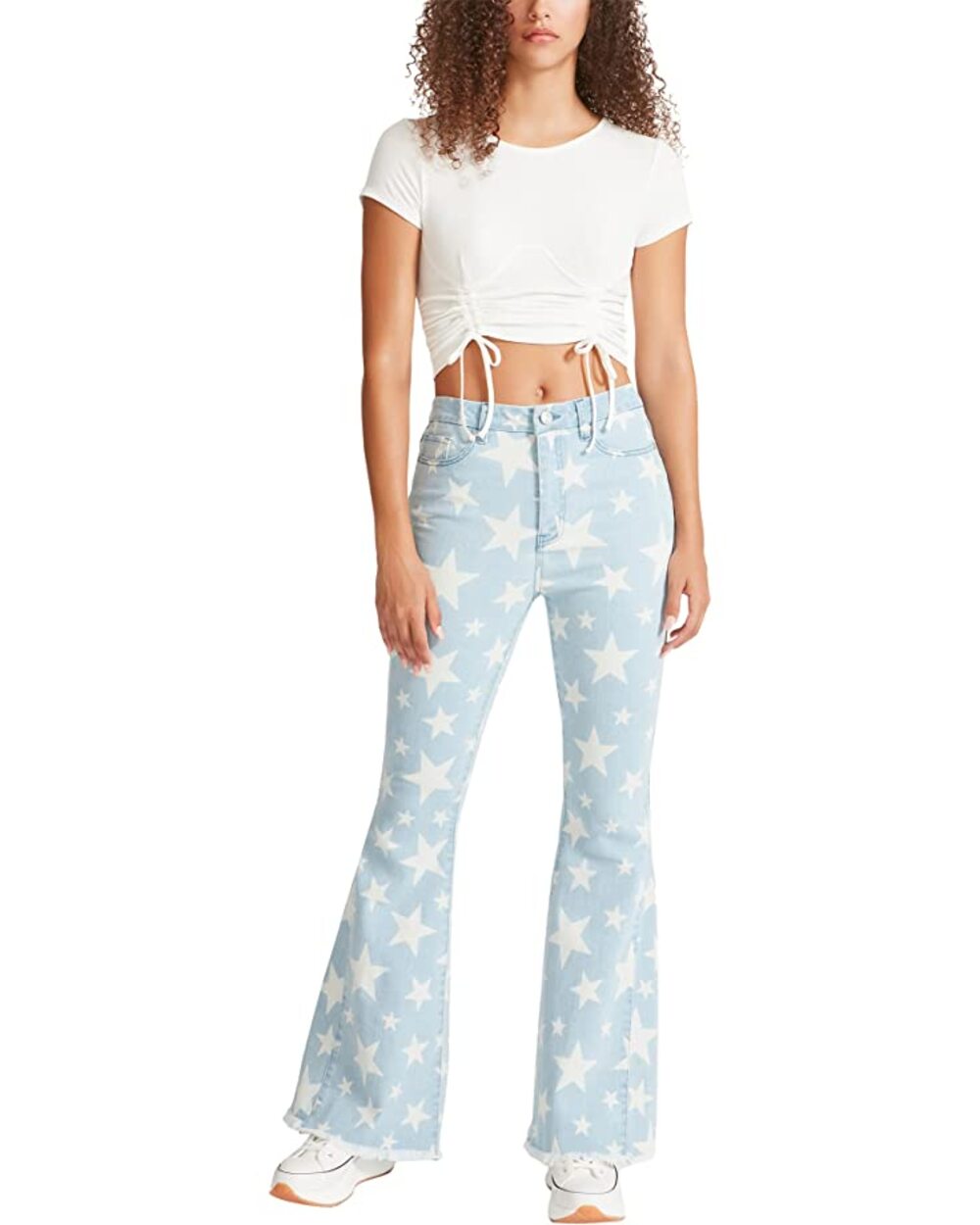 Madden Girl Carly Super High Rise Flare Jeans White Stars Light Blue Size 29 NEW